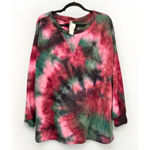 HONEYME Curvy XXL Tie-Dye Cozy Long Sleeve Top – Pink & Green Oversized Pullover